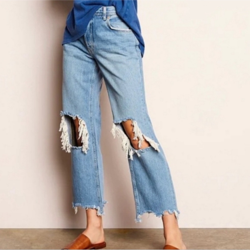 Free People Maggie Mid-Rise Distressed Straight-Leg Jeans